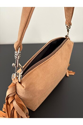 MUTE BAG Suede Tasseled Beige Mini Baguette Women's Bag (20X14)