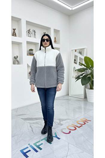 Fifty Color Trendy, Unisex, Color Block, Zipper Closure, Stand Collar, Sherpa, Fleece, Plush Jacket