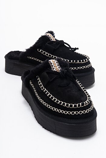 LuviShoes YALINA Чорні замшеві справжні шкіряні зшиті хутряні жіночі макосен-капці на платформі