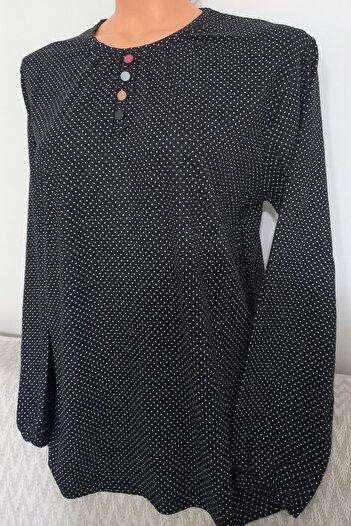 Anne Er Clothing Winter Cotton Combed Blouse Long Sleeve Elasticated Sleeve Crew Neck Black Polka Dot