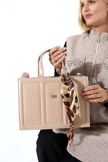 Encool Beige Women's Large Size Box Model Bag with Scarf Accessories Crossbody Shoulder and Hand Bag