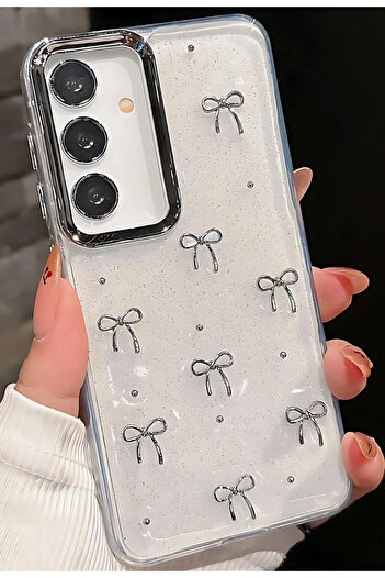 m.tk moveteck Samsung Galaxy S25 Fe Case Bow Pattern Transparent Glitter Silver Metal Camera Protruding Shiny Cover