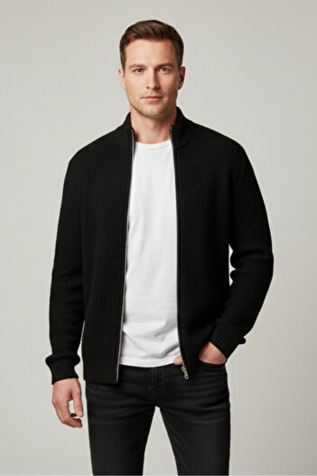 Elemge Men's Cardigan Zippered Regular Fit Half Turtleneck Black Knitwear Jacket Regular Cut Waffle
