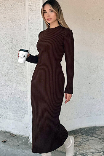 Yeslena Sıfır Bisiklet Yakalı Fitilli Örme Uzun Kol Fit Kesim Bilek Boy Uzun Esnek Yünlü Casual Triko Elbise