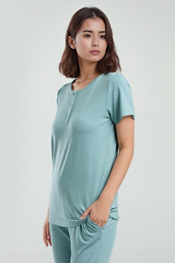 Pierre Cardin Women's Water Green Buttoned Short Sleeve Patterned Cotton Viscose Pajama Set Q8P9K8C5K