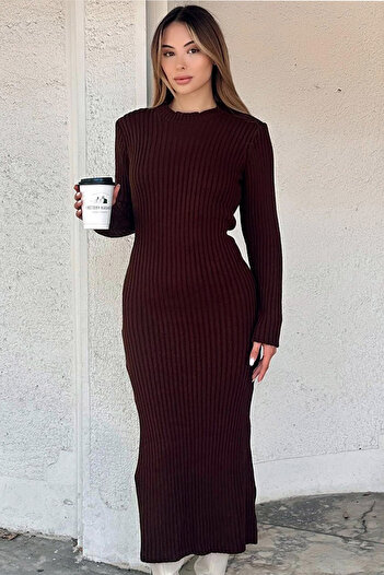 Yeslena Sıfır Bisiklet Yakalı Fitilli Örme Uzun Kol Fit Kesim Bilek Boy Uzun Esnek Yünlü Casual Triko Elbise
