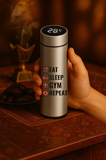 BSE Smart thermos with a sporty design “EAT SLEEP GYM REPEAT” 🏋️‍♂️🔥