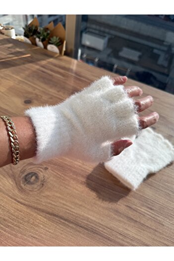 Blotch White Beard Drawstring Mohair Fingers Cut Out Gloves - Fingerless Gloves - Gift - New Year New Year