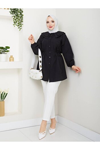 ASMİN Mineleşarp Women's Brown Baby Collar Belted Waist Pleated Detailed Woven Tunic Shirt