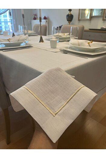 Zeren Home Piko Sarma Gold Detailed Polyester Linen Carefree Tablecloth Off-White