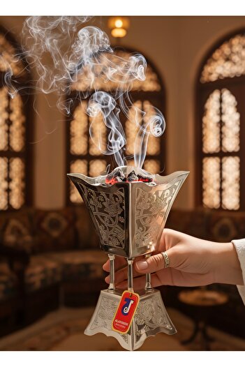 aljahwari Full silver engraved steel incense burner, length 18 cm, small