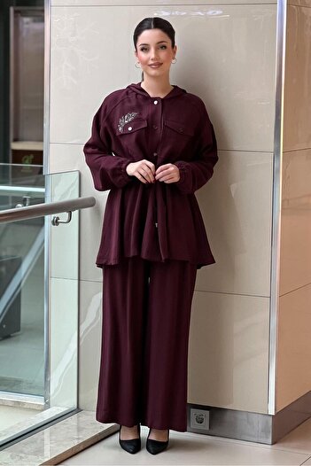Nuss Hooded Stone Embroidered Waist Drawstring Cap Pants Set