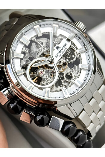 Navimarine Automatic (Battery-Free) Men's Watch, Steel Band. 2 Years Warranty White Dial Silver Color Bracelet with Gift