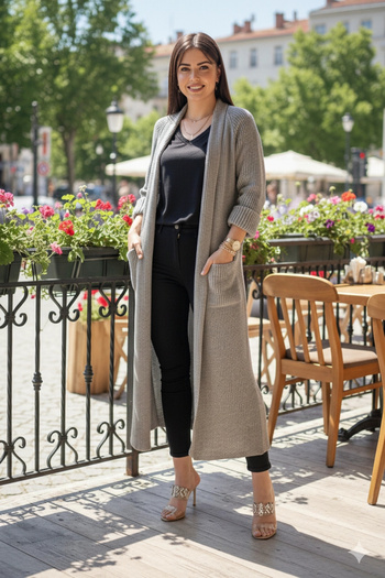 AZRA BUTİK Long Loose Cardigan Gray