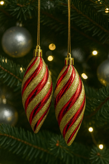 Huzur Party Store Damla Form Christmas Pine Tree Ornament 2 Pieces 12 cm Glittery Red Gold Striped Shiny New Year Decorative