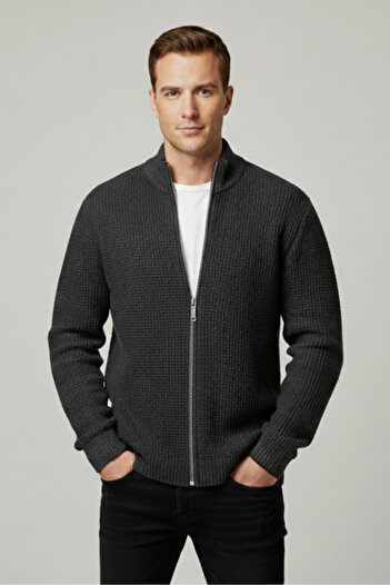 Elemge Men's Cardigan Zippered Regular Fit Half Turtleneck Anthracite Knitwear Jacket Regular Cut Waffle