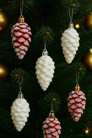 Huzur Party Store 6 Pieces Christmas Cone Christmas Ornament Set 8 cm White Red Snow Effect Pine Tree New Year Tree Ornament