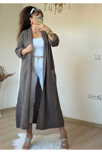 AZRA BUTİK Long Loose Cardigan Brown