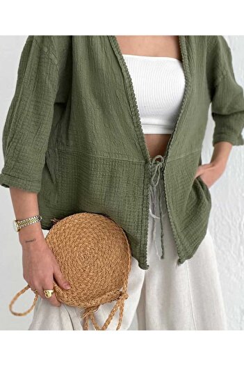 pier moda Lace-Up Khaki Color Cardigan-100% Cotton Fabric