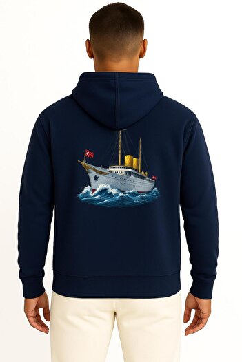 Bahriyeli Collection Hooded Tcg Savarona Unisex Sweatshirt with Pocket and Back Design