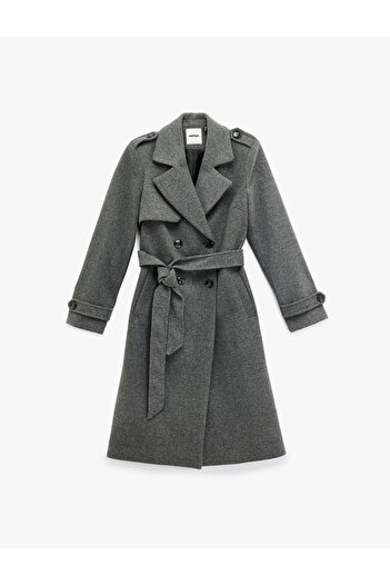 Koton Long Sleeve Belted Double Breasted Long Cashmere Coat with Pockets