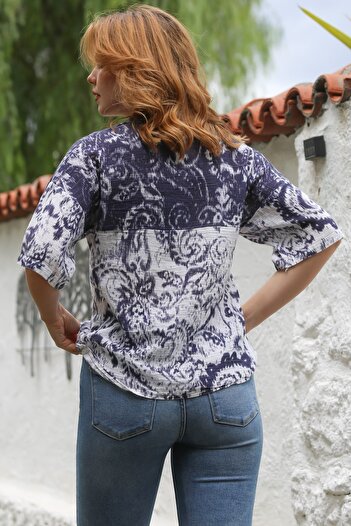Chiccy White-Blue Shirt Collar Short Sleeve Patterned Button Woven Shirt 55 51