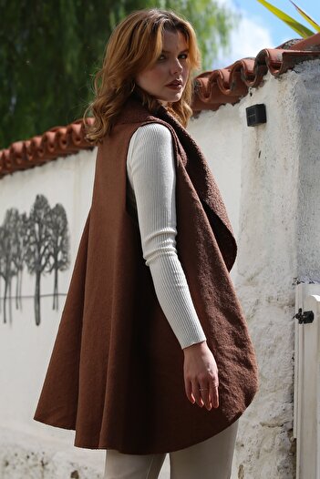 Chiccy Italian Brown Shawl Collar Sleeveless Casual Boucle Woven Vest 80 65