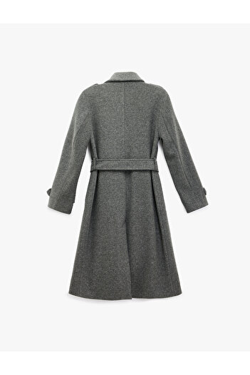Koton Long Sleeve Belted Double Breasted Long Cashmere Coat with Pockets