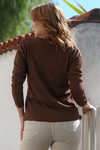 Chiccy Brown V-Neck Long Sleeve Buttoned Slim Glitter Knitwear Sweater 63 58