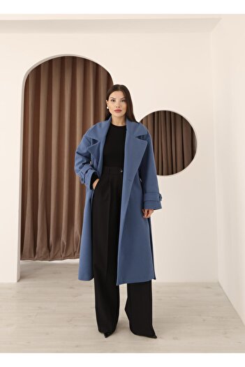 Hazel Women's Indigo Double-Breasted Oversized Belted Long Cashmere Coat