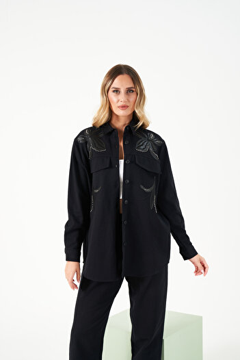 MİA NOURA Women's Oversize Shirt with Beaded Embroidery on the Front and Back in Gabardine Fabric