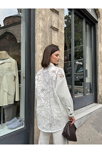 MİA NOURA Women's Denim Shirt Jacket with Special Design on the Front and Back