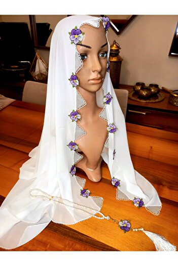 yörük tuhafiye Real Handcrafted Needlework, Prayer Rug, White Mevlüt Rug and Needlework Prayer Beads Set