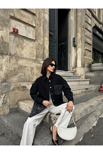 MİA NOURA Women's Denim Shirt Jacket with Special Design on the Front and Back