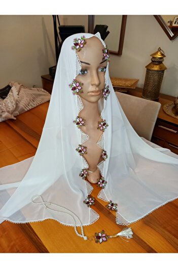 yörük tuhafiye Real Handcrafted Needlework, Prayer Rug, White Mevlüt Rug and Needlework Prayer Beads Set
