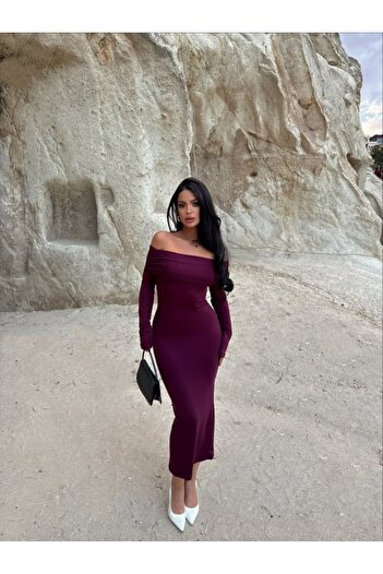 soonaksesuar Women's Long Sleeve Madonna Collar Midi Length Dress