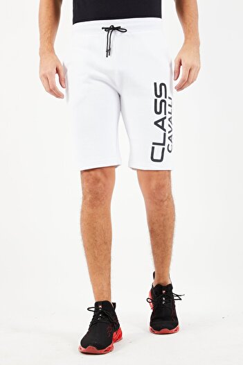 Cavalli Class Men Drawstring Graphic Print Basic Shorts, White