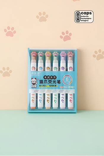 caps office 6 Piece Paw-Shaped Highlighter Pen Set – Cute Paw-Shaped Cap Highlighter Set in Pastel Colors