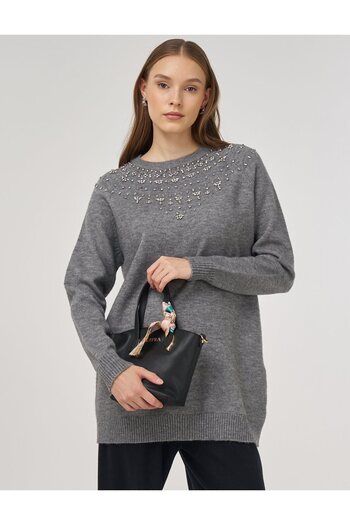 Kayra Stone Embroidered Knitwear Tunic Gray