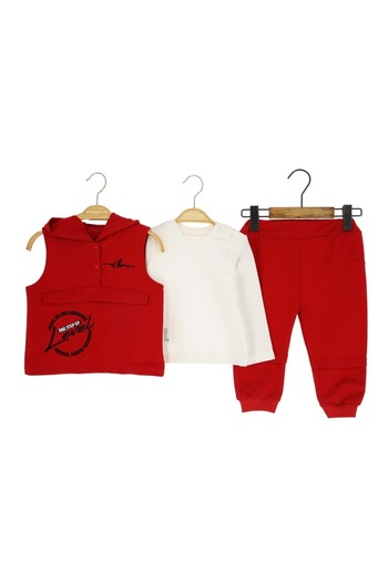 atabay Level Embroidered Hooded Two-Stringed Three-Part Bottom-Up Set Red