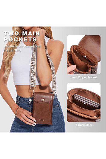 VULKIT Vulkitty Small Crossbody Phone Bag Vegan Leather Women Wide Strap Double Pockets