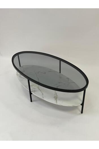 Living Oval table with 2 layers of glass and wood with a marble finish, 120 * 40 cm