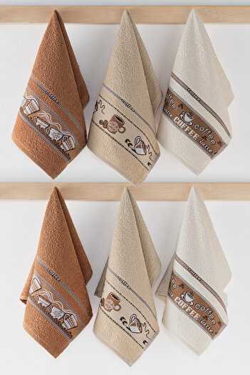DNZGÜLCAN Coffee Patterned 6-Piece Kitchen Towel Set 30X50 cm |   100% Cotton Hand Towel, Drying Cloth