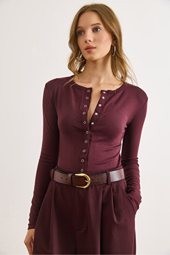 Olalook Women's Plum Snap Detailed Soft Textured Cardigan Blouse Blz-19003142