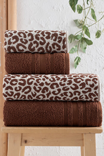 DNZGÜLCAN 4 Piece Luxury Bath Towel Set (2 Pieces 70X140Cm & 2 Pieces 50X90Cm) |   Leopard Patterned Bath Set