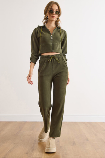 Olalook Women's Khaki Hooded Sweatshirt Pocketed Pants Thessaloniki Set Tkm-19000447