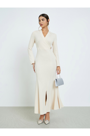 Styli Beige Maxi Dress with Embellished Brooch