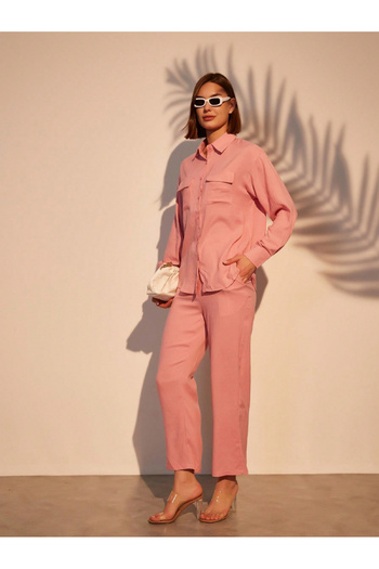 Take Two By Styli Solid Button Front Long Sleeve Shirt and Pants Co-Ords