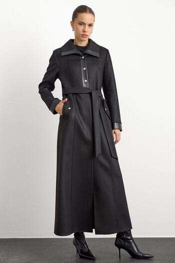 Olcay Gabardine Suede Topcoat with Leather and Snap Accessories Black 6793