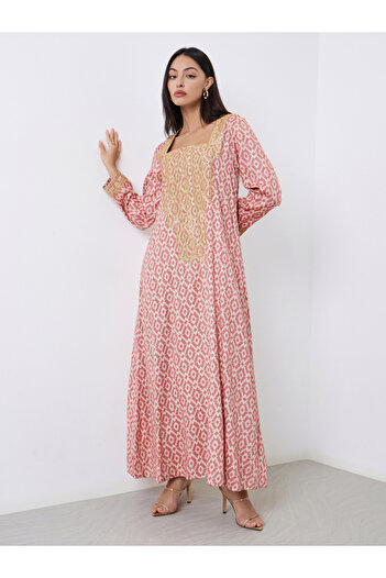 Styli Pink All Over Print Jalabiya with Embroidered Yoke